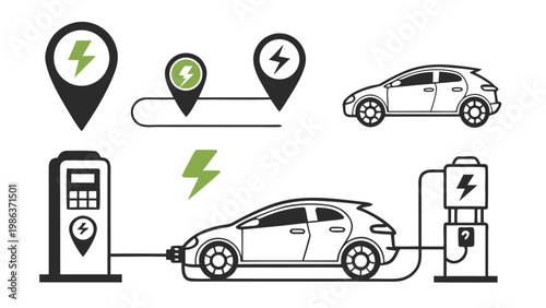 Electric Vehicle Charging Icons Set – EV Car, Charging Station, Plug Symbol Collection