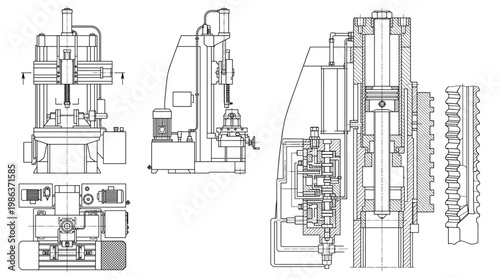 Broaching Machine Industrial Equipment Technical Drawing Blueprint, Front Side Top and Internal Cross-Sectional Views Line Art Vector