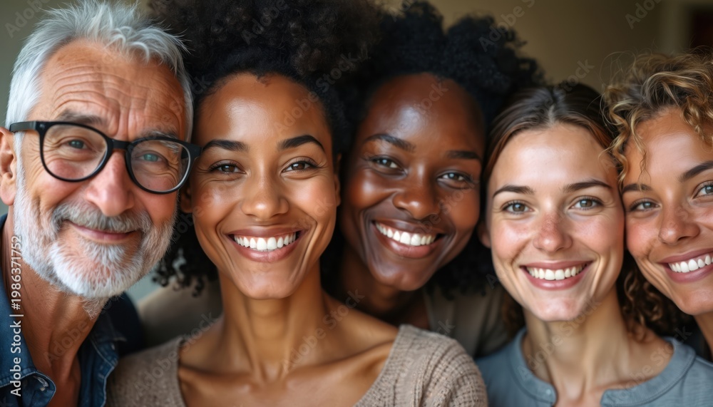 Fototapeta premium Diverse group of people smiling together. Older man with glasses, Black women, and White women show happiness and unity. Intergenerational and multiracial friends connect.