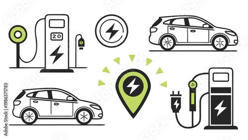 Electric Vehicle Charging Icons Set – EV Car, Charging Station, Plug Symbol Collection