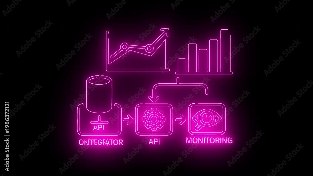 Neon pink flowchart diagram with integrator, API, and monitoring icons ...