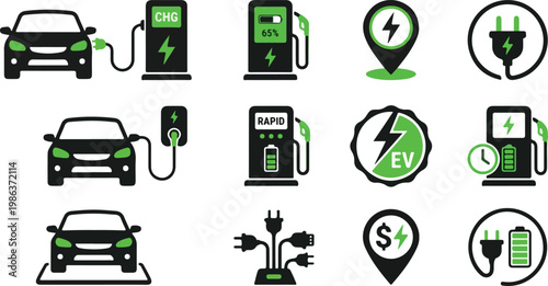 Electric Vehicle Charging Icons Set – EV Car, Charging Station, Plug Symbol Collection