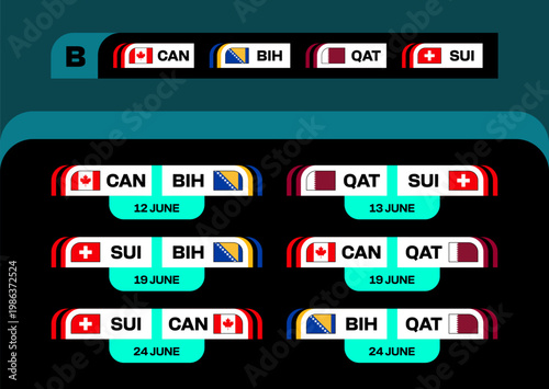 Football 2026 tournament schedule displaying group B matches with national flags for qualification rounds, vector design.