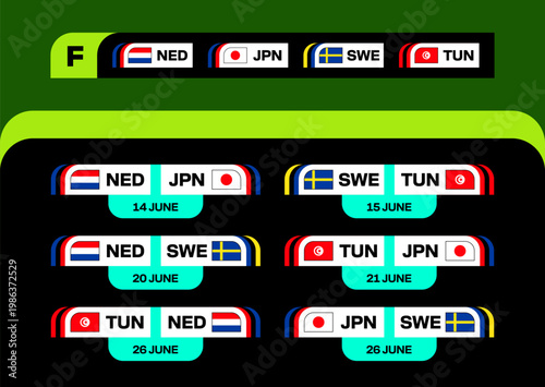 Football 2026 Group Stage Tournament Schedule Illustrating Matches with Country Flags and Dates in a Modern Stylized Layout.