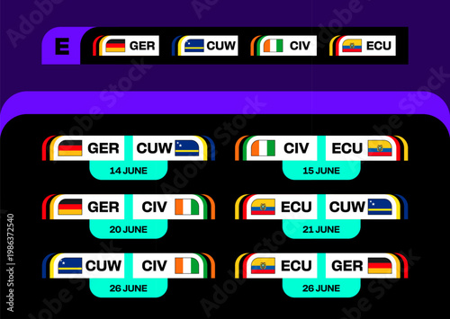 Football 2026 Group E Match Schedule Presenting International Team Fixtures and Dates in a Modern Stylized Vector Design.