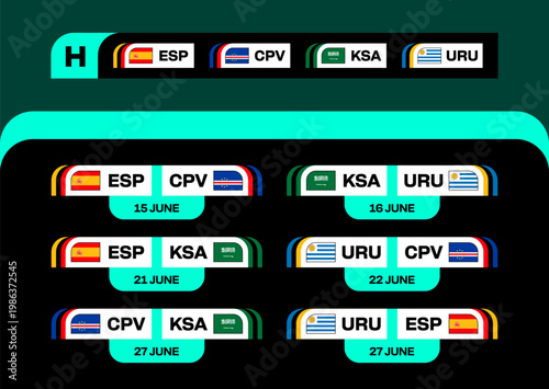 Football 2026 Tournament Group Stage Schedule with National Team Flags for Upcoming Matches, Modern Vector Illustration
