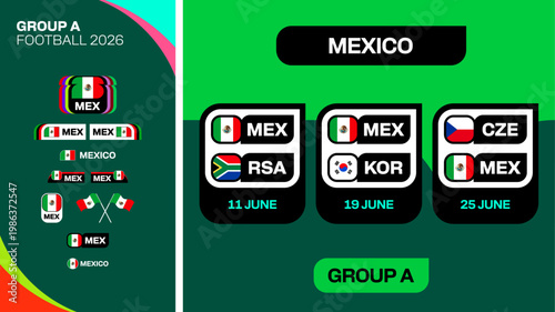 Football 2026 Group A Match Fixture Schedule Presentation with Country Flags and Dates for Tournament Promotion.