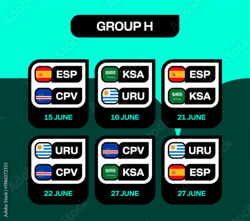 Football 2026 Tournament Group H Match Schedule Vector Set for Championship Game Announcements and Qualification Presentations