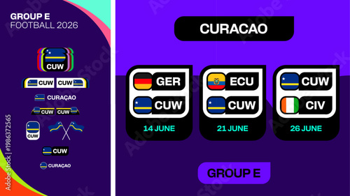 Football 2026 Tournament Group E Match Schedule Displaying Team Flags and Abbreviations for Qualification Stage Announcement, Dynamic Vector Graphic.