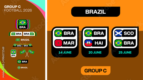 Football 2026 Group C Matches Announcement with Brazil Schedule, Team Flags, and Dynamic Tournament Details Vector Illustration