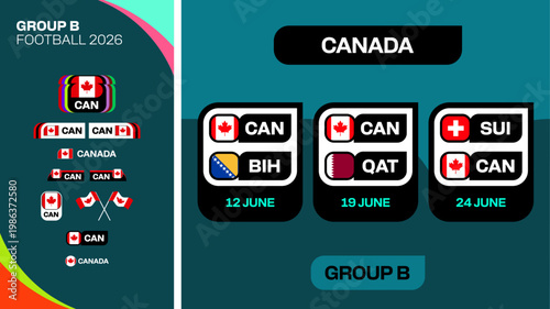 Canada Football 2026 Group B Tournament Match Schedule Presentation in Dynamic Stylized Vector Design