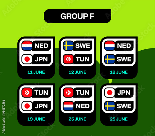 Football 2026 tournament Group F match schedule graphic for qualification stage featuring national flags in a modern vector style.