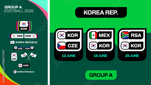Football 2026 Group A schedule template featuring national flags, team abbreviations, and match dates for sports events.