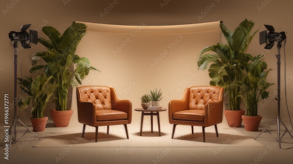 Fototapeta premium Minimal studio set designed for interviews or talk shows, with two leather armchairs, large potted plants, and overhead spotlights. Professional podcast or broadcast background staged for television.