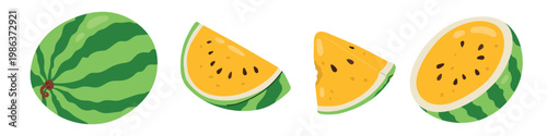 Watermelon yellow slices and pieces set in flat cartoon style in line. Bright summertime fruit collection . Perfect for kids design, scrapbooking, patterns, textile, packaging and print projects.