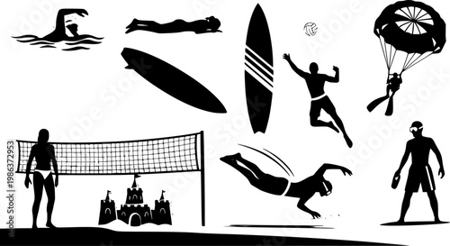 Collection of black vector icons representing summer vacation activities