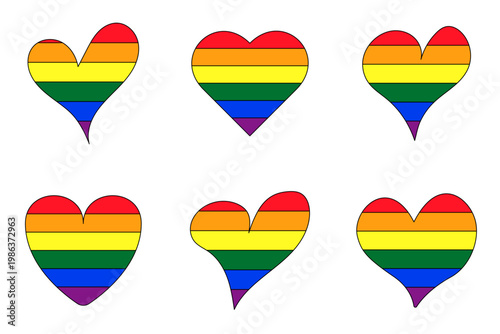 Collection of hand drawn rainbow colored hearts for LGBT pride and romantic love equality design elements
