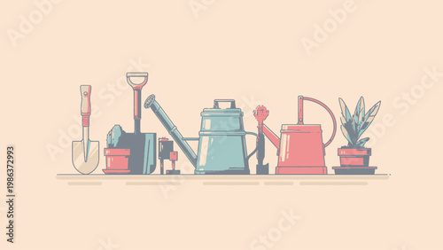 A vibrant collection of essential gardening tools and potted plants for nurturing green spaces and promoting urban wellness through cultivation