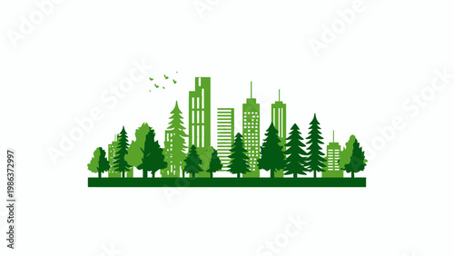 Abstract silhouette of a modern city skyline with diverse green trees, representing sustainable urban living and ecological development