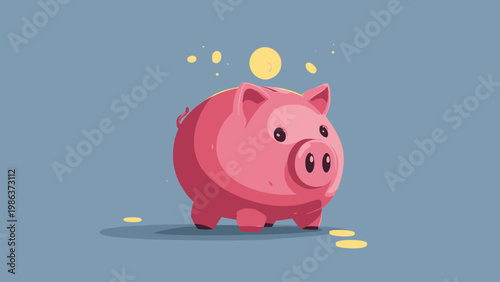 Adorable pink piggy bank illustration with shimmering gold coins, symbolizing secure financial savings, smart investment for future wealth, and economic prosperity