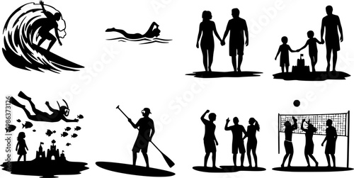 Collection of black vector icons representing summer vacation activities