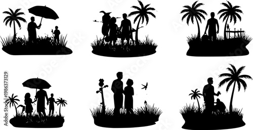 Collection of black vector icons representing summer vacation activities
