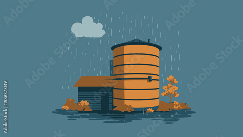 Rainy weather over an agricultural grain silo and farm building, depicting rural storage and autumn season illustration