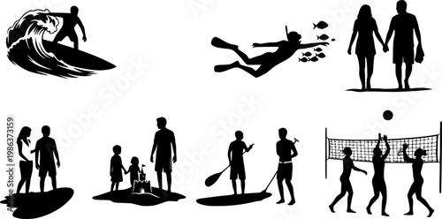 Collection of black vector icons representing summer vacation activities