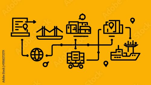 Global logistics and supply chain network illustration with cargo ships and transportation icons