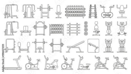 Collection of black and white line of gym equipment fitness exercise workout bodybuilding