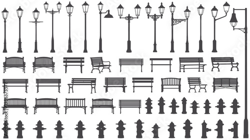 Collection of black silhouettes of street lamps, park benches, and fire hydrants on white background