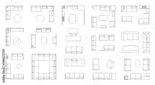 Collection of top-down furniture silhouettes: sofas, sectionals, tables, and chairs view floor plan interior sofa
