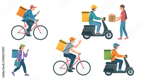 Diverse delivery personnel on bicycles and scooters, carrying packages and using smartphones courier