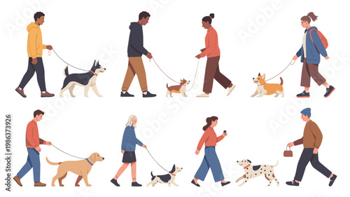 Diverse people walking dogs on leashes in a flat style pets
