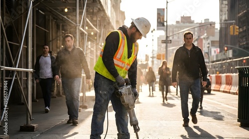 Construction Worker Using Jackhammer on City Sidewalk During Daylight