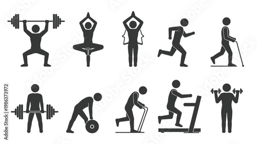 Collection of black silhouette depicting various fitness activities and exercises workout health