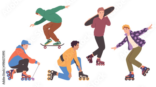 Five young men engaged in various skateboarding and rollerblading activities roller skates