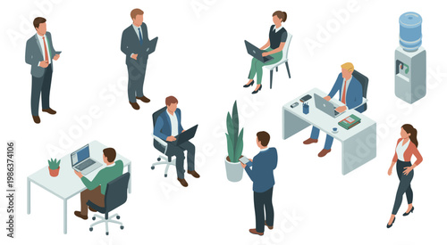 Isometric office scene with diverse people working and interacting, including a water cooler business