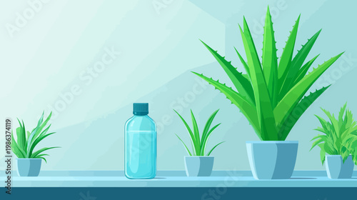 A serene watercolor illustration, depicting several potted plants and a water bottle on a shelf