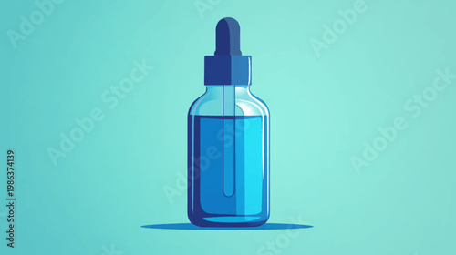 A digitally rendered illustration showing a blue glass bottle with a dropper on a teal background