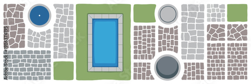 Obraz na płótnie Top-down view of a stylized garden layout with a blue pool, green grass, and sto