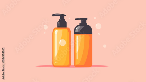 Stylized illustration of two orange pump bottles against a light pink background, simple and graphic