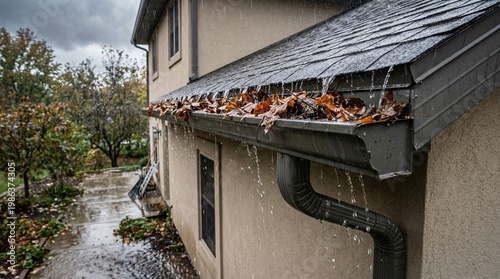 House gutter overflowing with autumn leaves and rainwater during a heavy downpour, highlighting a common home maintenance issue.