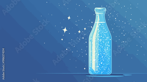 A stylized illustration features a bottle of water, filled with bubbles, against a dark blue background
