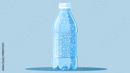 A clear, plastic bottle filled with sparkling water against a soft blue background