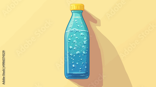 Digitally created illustration of a water bottle filled with bubbles, set against a yellow background