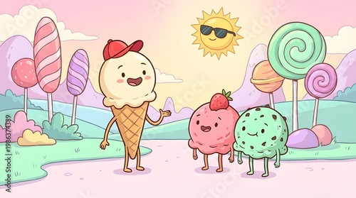 Playful Cartoon Ice Cream Characters in a Sweet Landscape Scene