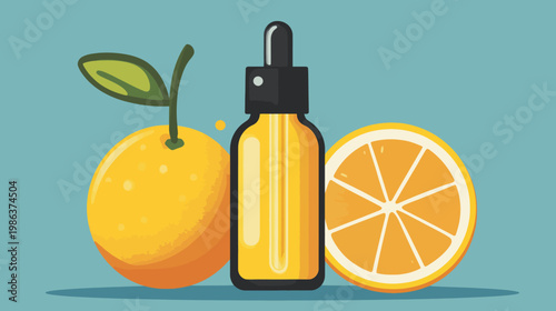 Illustration featuring an orange, a bottle with liquid, and a cross-section of an orange on a blue background