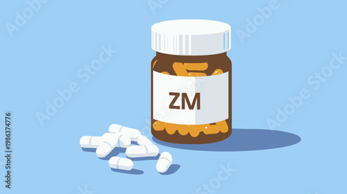 A cartoon-style illustration of a medicine bottle with pills on a blue background