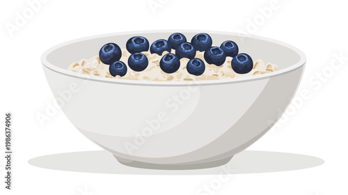 A cartoon-style illustration of a white bowl filled with oatmeal and topped with fresh blueberries